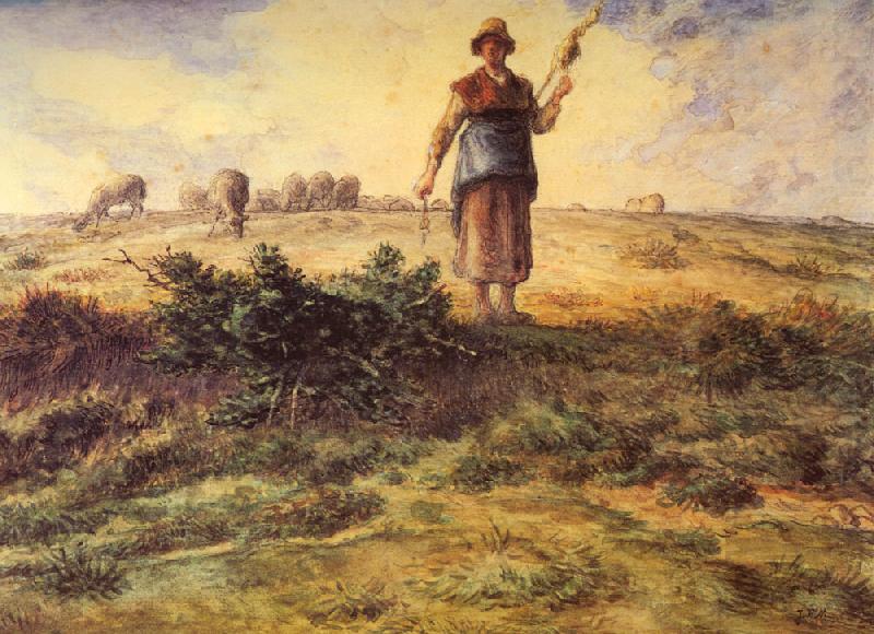 Jean-Franc Millet A Shepherdess and her Flock Watercolour heightened with white china oil painting image